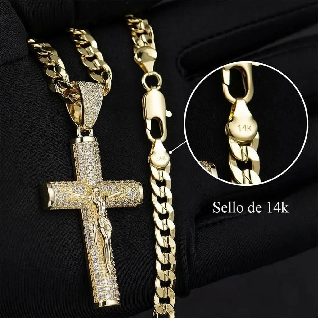 CELION™ Cadena Cubana + Crucifijo Eterno 14K